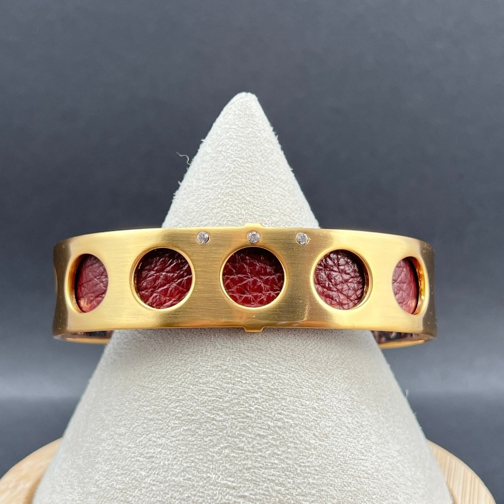 Brighton Christo Cuff Bracelet Los Angeles Gold Tone Red Leather Insert